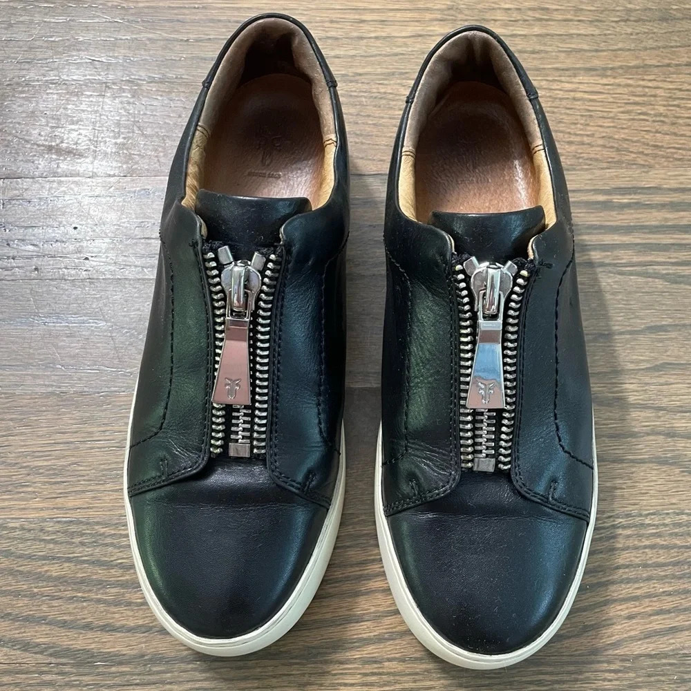 FRYE Lena Zip Up Platform Black Polished Soft Full Grain Leather Sneaker Size 7 - Picture 2 of 12